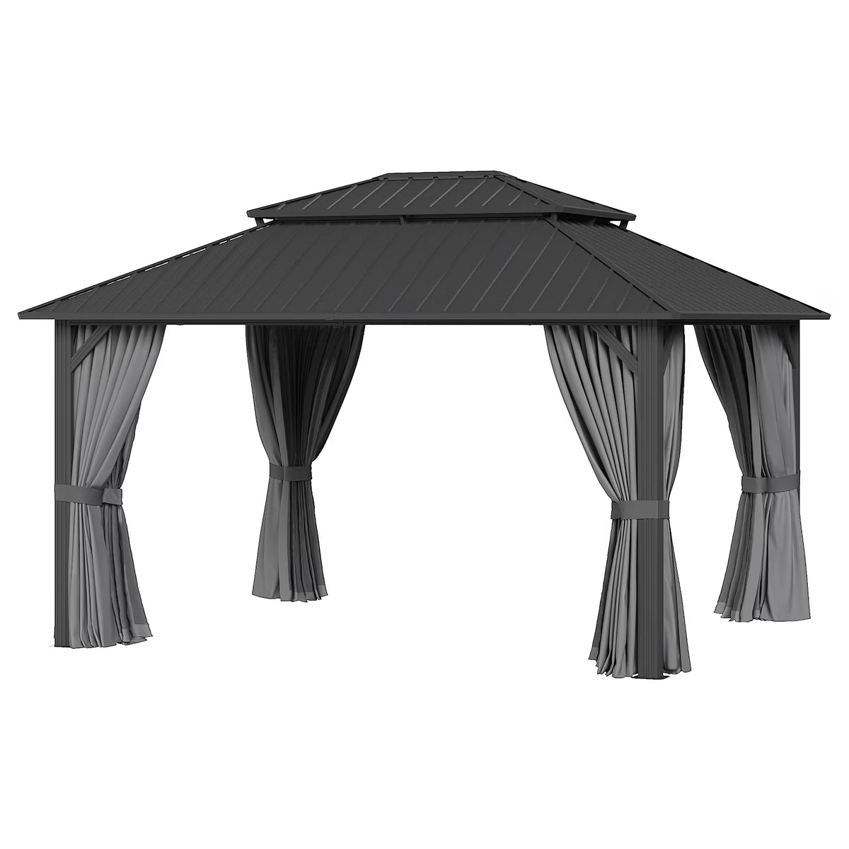 Sunmthink 12' x 14' Hardtop Gazebo with Mosquite Netting, Double Metal Roof for Lawn and Garden, Gray