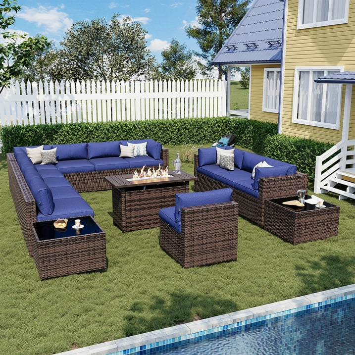 Sunmthink Patio Furniture Sets, 15-Piece Outdoor Patio Furniture with 44'' Propane Gas Firepit Table, Wicker Outdoor Conversation Set and Waterproof Cover for Backyard, Poolside, Garden