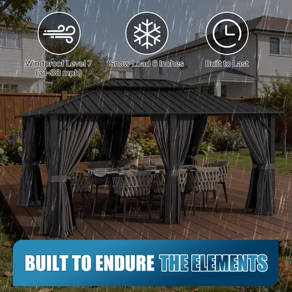 Sunmthink 12' x 16' Hardtop Gazebo with Mosquite Netting, Double Metal Roof for Lawn and Garden, Gray