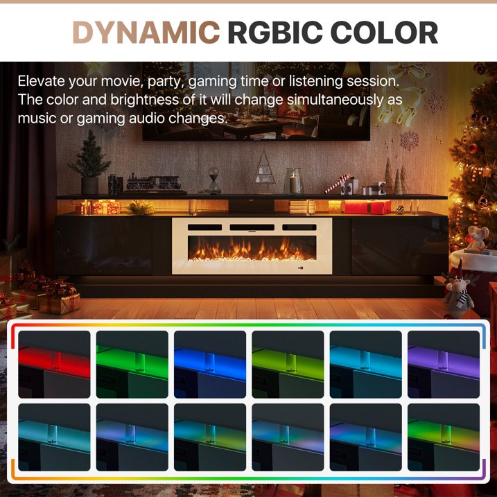 Sonegra Modern Fireplace TV Stand for TVs Up to 90" with Music Sync LED, 80" Entertainment Center with Electric Fireplace, TV Console with Storage Cabinets for Living Room, Black