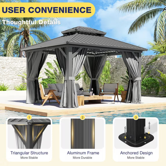 Dateyes 10x12 FT Outdoor Hardtop Gazebo, Aluminum Frame Gazebo with Removable Mesh Walls and Curtains for Patio, Lawns, Gray