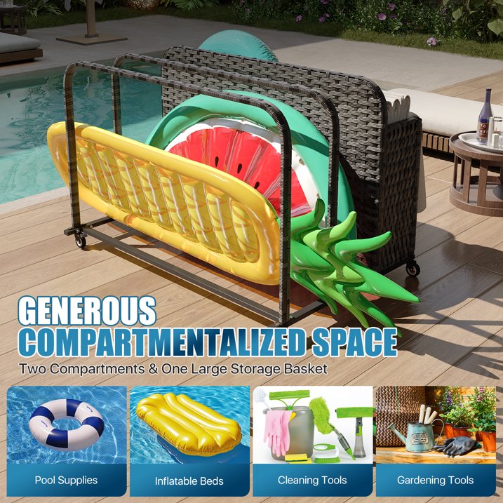 Sunmthink Outdoor Poolside Storage Cart with Wheels, 3-Tier Wicker Towel & Toy Organizer for Pool, Gray