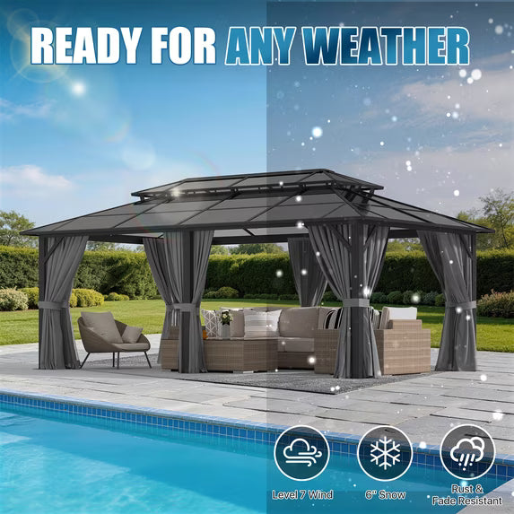Sunmthink 12' x 20' Hardtop Gazebo,Polycarbonate Double Roof,Aluminum Frame with Curtains and Netting for Patio,Garden,Gray