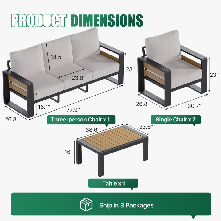5-Seats Aluminum Patio Furniture Set, Outdoor Metal Sofa Conversation Set with Coffee Table for Pool Garden Porch Backyard, Light Gray