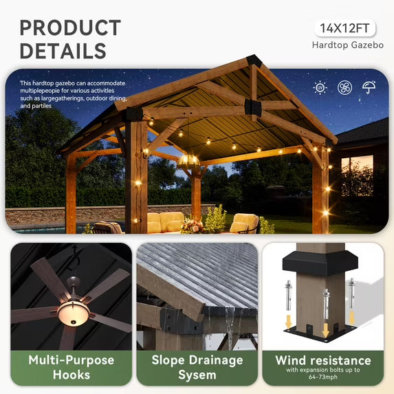 Aoxun 12' x 14' Outdoor Wood Gazebo, Hardtop Gazebo Permanent Wooden Pavilion with Galvanized Steel Gable Roof, for Patio, Garden, Backyard, Cedar Wood