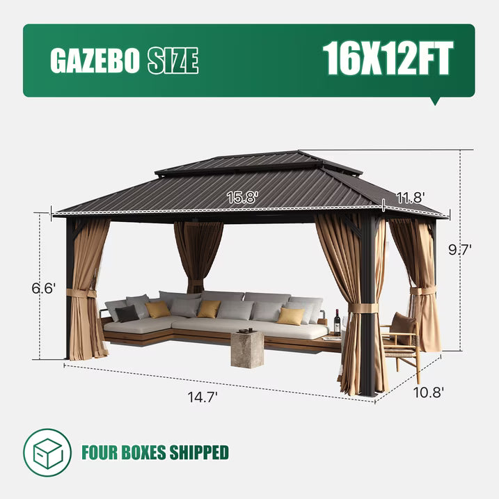 Clouddwell 12' x 16' Gazebo for Patio, Gazebo Pergola with Sloped Roof, Large Wall-Mounted Heavy Duty Awnings, for Deck, Patio and Backyard,Brown