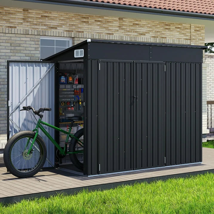 Clouddwell 8ft x 4ft Heavy-Duty Metal Storage Shed with 3 Doors, Lockable Lean-To Design, Weatherproof for Garden & Tools (Black)