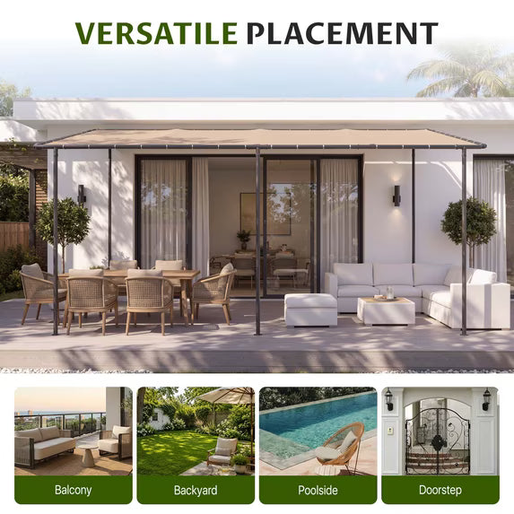 Dateyes 16'x12' Wall-Mounted Metal Gazebo , Water-Resistant Khaki Canopy with UV Protection for Patio & Garden