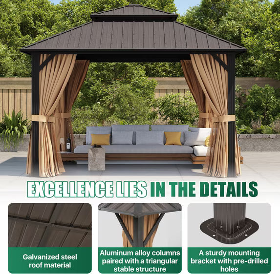 Clouddwell 12' x 12' Gazebo for Patio, Gazebo Pergola with Sloped Roof, Large Wall-Mounted Heavy Duty Awnings, for Deck, Patio and Backyard,Brown