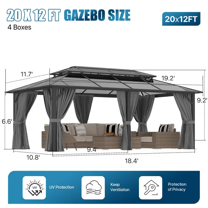 Sunmthink 12' x 20' Hardtop Gazebo,Polycarbonate Double Roof,Aluminum Frame with Curtains and Netting for Patio,Garden,Gray