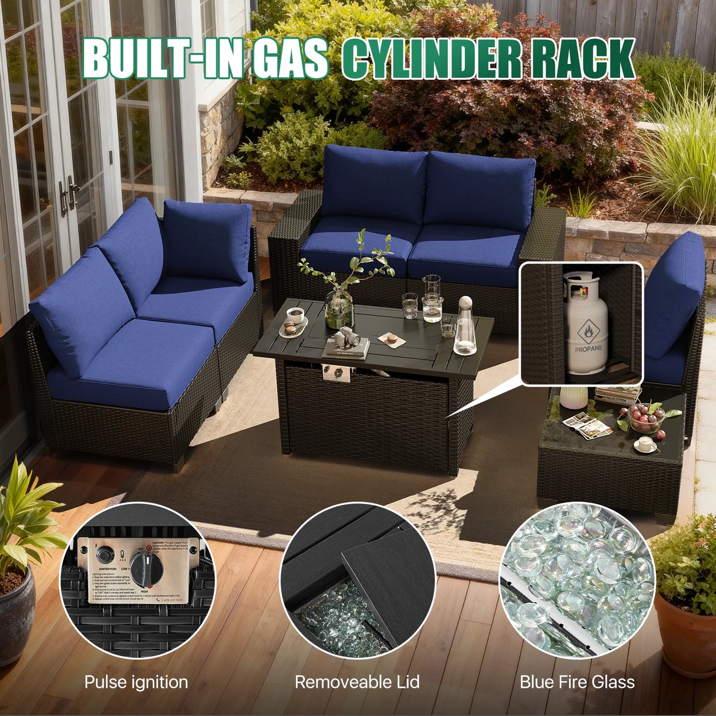 Clouddwell 7-Piece Outdoor Patio Set,4-Inch Thickened Cushions, All-Weather Wicker Sectional with Fire Table, Coffee Table & Custom Protective Cover Navy Blue