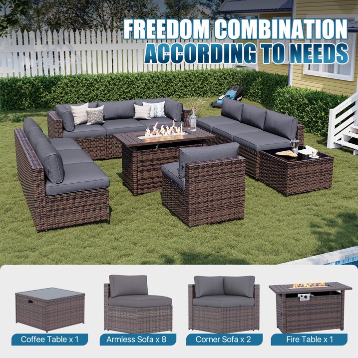 Sunmthink Patio Furniture Sets, 12-Piece Outdoor Patio Furniture with 44'' Propane Gas Firepit Table, Wicker Outdoor Conversation Set and Waterproof Cover for Backyard, Poolside, Garden