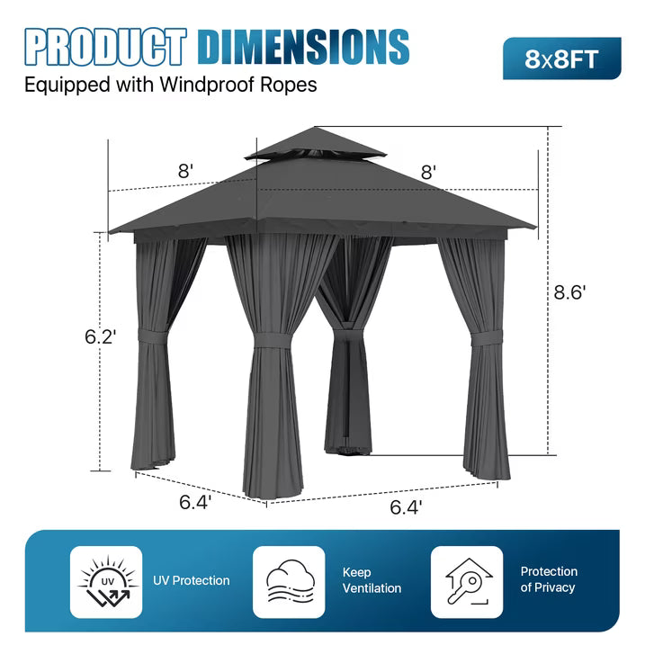 Sunmthink Outdoor Gazebo for Patio 8'x8', Metal Frame Canopy with Double Roofs, Heavy Duty Party Tent and Shelter with Mosquito Netting and Privacy Screen for Backyard,Garden,Deck (Gray)