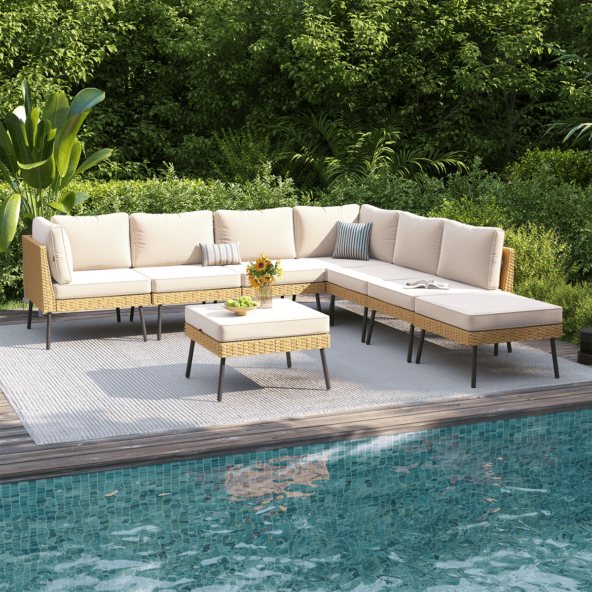Clouddwell 8-Piece Patio Furniture Set, Wicker Outdoor Furniture with Water Resistant Thick Cushions, Patio Conversation Set Outdoor Sectional Sofa with Coffee Table for Backyard Poolside, Beige