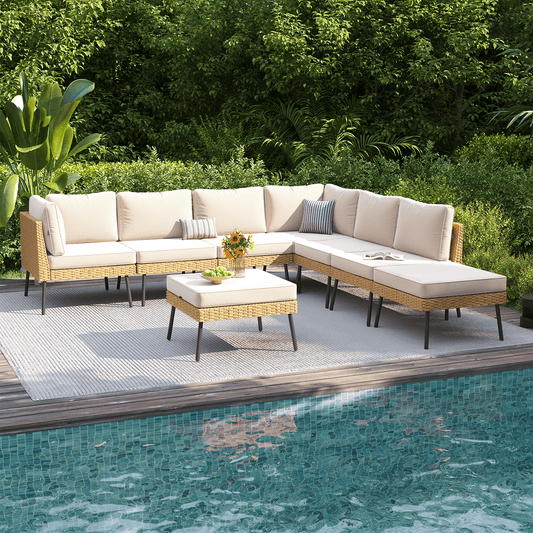 Clouddwell 8-Piece Patio Furniture Set, Wicker Outdoor Furniture with Water Resistant Thick Cushions, Patio Conversation Set Outdoor Sectional Sofa with Coffee Table for Backyard Poolside, Beige