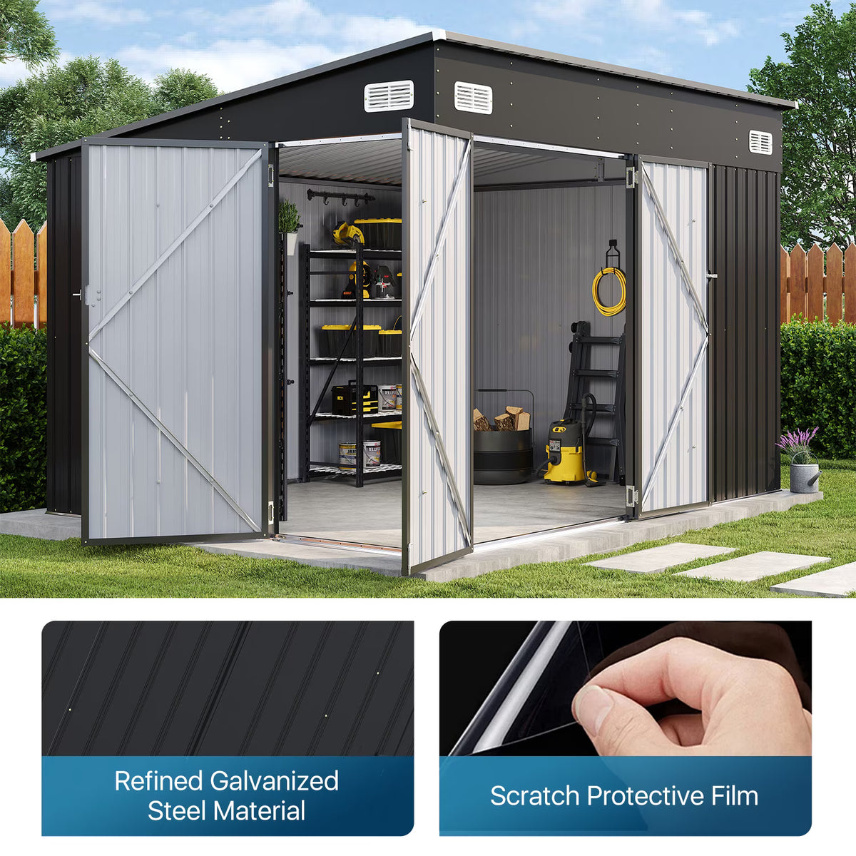 Dateyes 10' x 8' Metal Storage Shed with Triple Doors, Lockable Lean-to Design & Vents, Black
