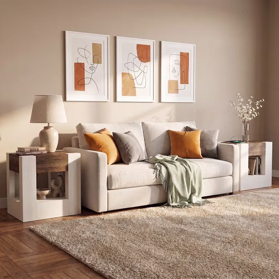 Sonergra Farmhouse End Table with Charging Station, 23” Modern Nightstand Side Table with Drawer and Open Storage, Wood Accent Sofa Side Table for Bedroom Living Room,White
