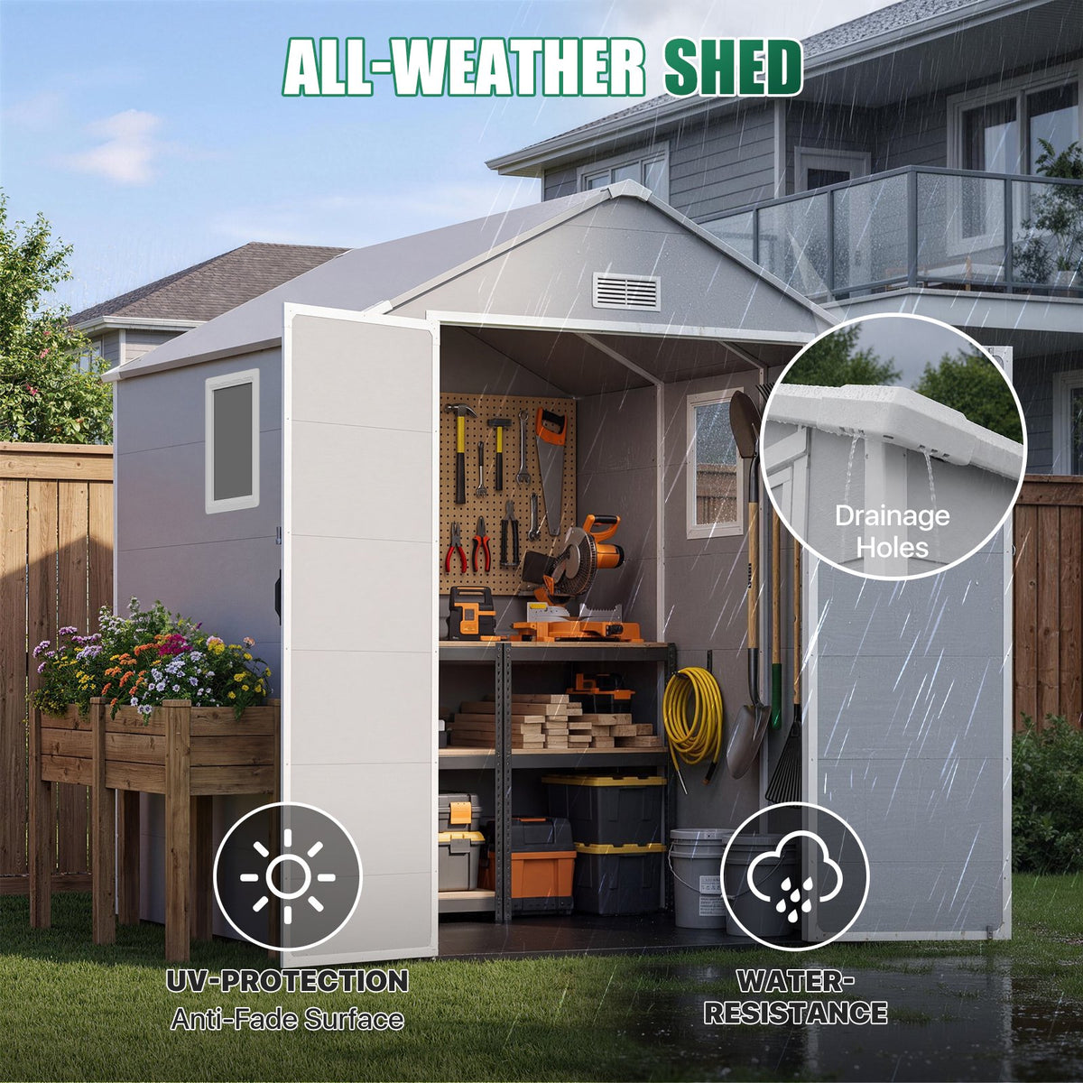 Dateyes 6 x 6 FT Resin Outdoor Storage Shed, Outdoor Sheds with Floor & Window, All-Weather Heavy Duty Plastic Shed for Backyard, Garden, Patio, Light Gray