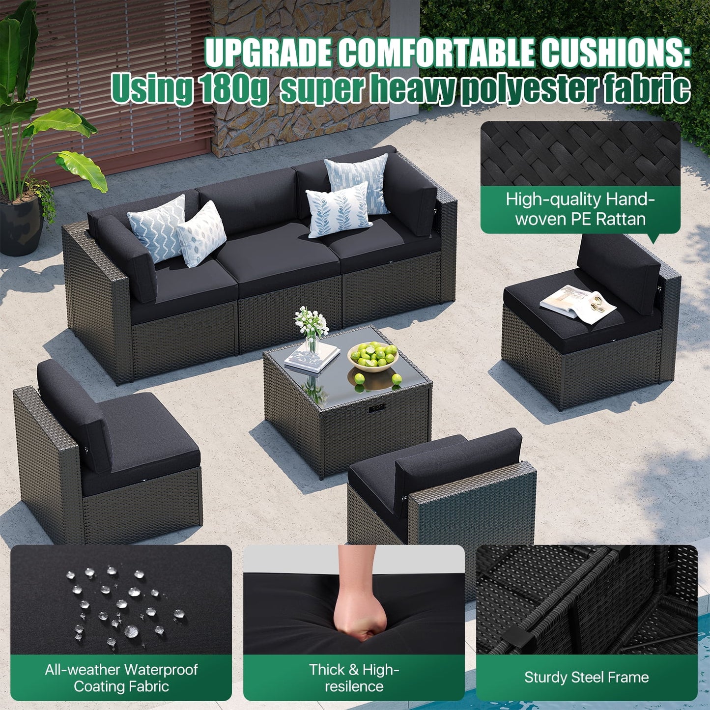 Clouddwell 7-Piece Patio Furniture Set on Sale, Black Rattan Wicker Outdoor Sectional Sofa Couch with Table Patio Conversation Set for Lawn& Backyard,Black