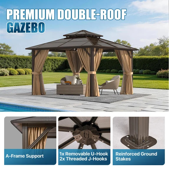Sunmthink 12' x 12' Hardtop Gazebo,Polycarbonate Double Roof,Aluminum Frame with Curtains and Netting for Patio,Garden,Brown