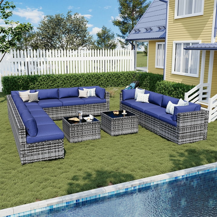 Sunmthink Patio Furniture Sets, 14-Piece Outdoor Patio Furniture with Thick Cushions, Wicker Outdoor Conversation Set and Waterproof Cover for Backyard, Poolside, Garden