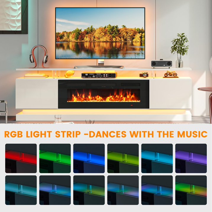 Sunmthink 70" Fireplace TV Stand, Modern Entertainment Center for TVs Up to 80”, TV Console with Storage Cabinets, Media Console for Living Room, white