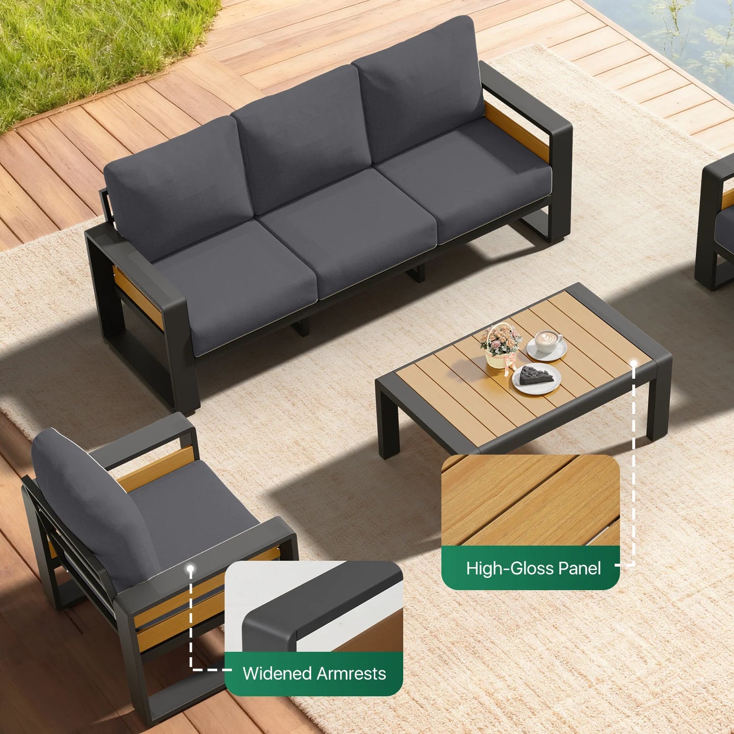 5-Seats Aluminum Patio Furniture Set, Outdoor Metal Sofa Conversation Set with Coffee Table for Pool Garden Porch Backyard, Dark Gray