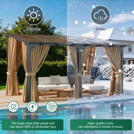 LazySunsets 10x14 FT Wall-Mounted Aluminum Gazebo Polycarbonate Roof with Full Mosquito Netting & Privacy Curtains