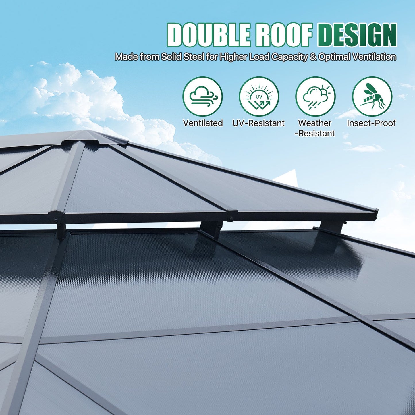 Clouddwell 10'x14' Hardtop Gazebo - Polycarbonate Double Roof with Netting & Curtains for Patio, Garden Sun Protection,Gray