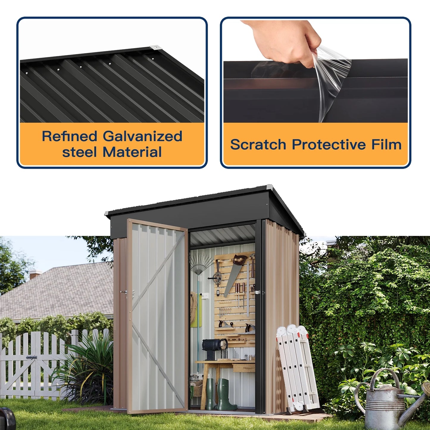 Aoxun 5.1 x 2.7 ft Outdoor Metal Shed, Storage Garden Shed with Lockable Door Tool Shed for Garden, Backyard, Poolside, Brown