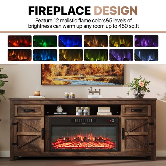 Sonegra 80" Fireplace TV Stand, Entertainment Center for TVs Up to 90”, TV Console with Storage Cabinets, Media Console for Living Room, White TV Stand and Black Fireplace, Brown