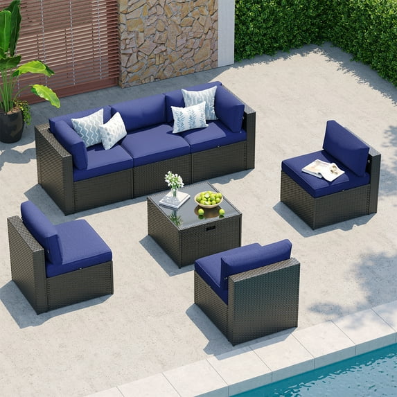 Clouddwell 7-Piece Patio Furniture Set on Sale, Black Rattan Wicker Outdoor Sectional Sofa Couch with Table Patio Conversation Set for Lawn& Backyard,Blue