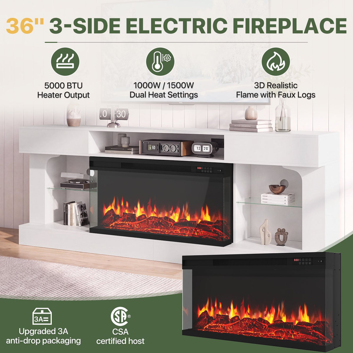 Sonegra 80 Inch Fireplace TV Stand, 3‑Sided Glass Electric Fireplace Media Console Fits Up to 90" TV, Entertainment Center with Shelves & Spacious Storage, LED Flame TV Cabinet for Living Room, White
