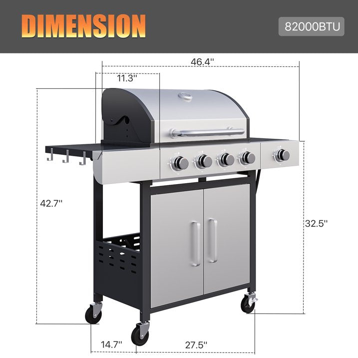 Clouddwell 4 Burner Gas Propane Grill, with 4 Casters, Side Table, and Thermometer, Patio Garden BBQ Grill Perfect for Camping, Silver