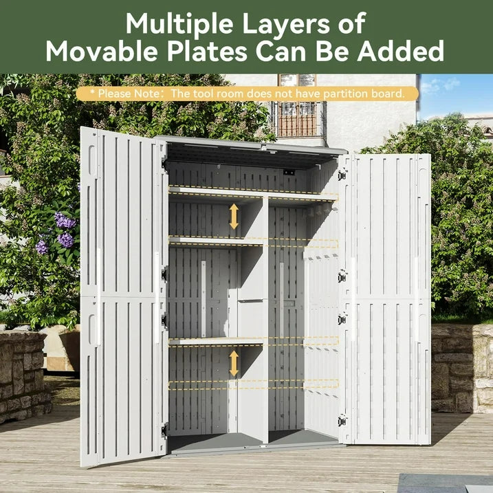 Aoxun Outdoor Resin Storage Shed with Metal Shelving Kit & Floor, 64 Cu.Ft Vertical Waterproof Storage Cabinet for Garage Storage, Pool Storage, Bike Shed, Garden Tools, Patio Furniture (White)