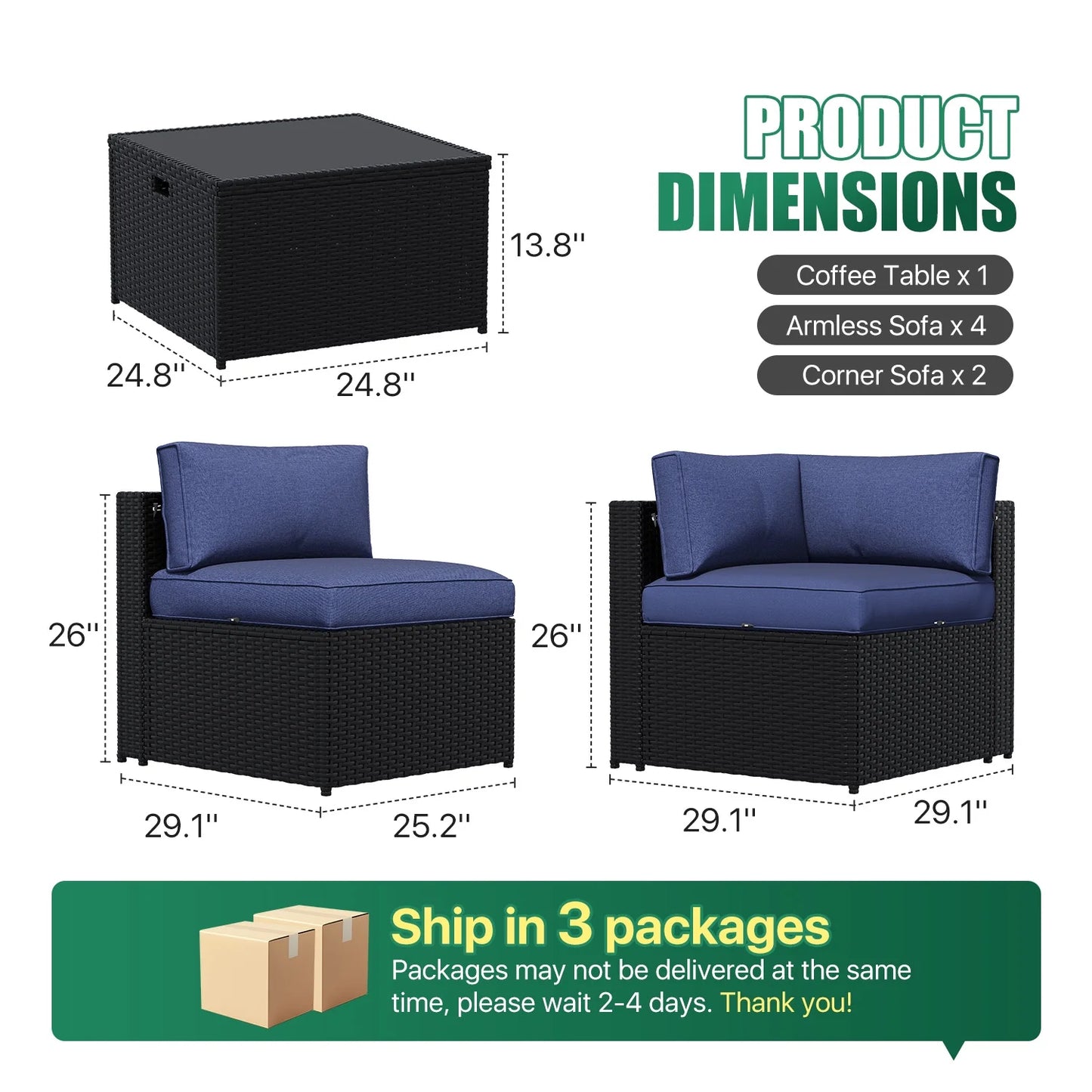 Clouddwell 7-Piece Patio Furniture Set on Sale, Black Rattan Wicker Outdoor Sectional Sofa Couch with Table Patio Conversation Set for Lawn& Backyard,Blue