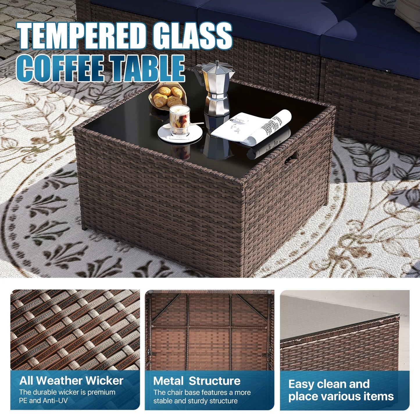 Sunmthink Patio Furniture Sets, 12-Piece Outdoor Patio Furniture with 44'' Propane Gas Firepit Table, Wicker Outdoor Conversation Set and Waterproof Cover for Backyard, Poolside, Garden