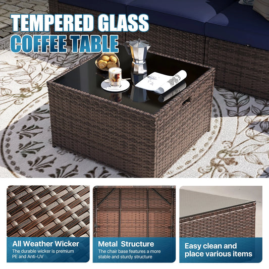 Sunmthink Patio Furniture Sets, 12-Piece Outdoor Patio Furniture with 44'' Propane Gas Firepit Table, Wicker Outdoor Conversation Set and Waterproof Cover for Backyard, Poolside, Garden