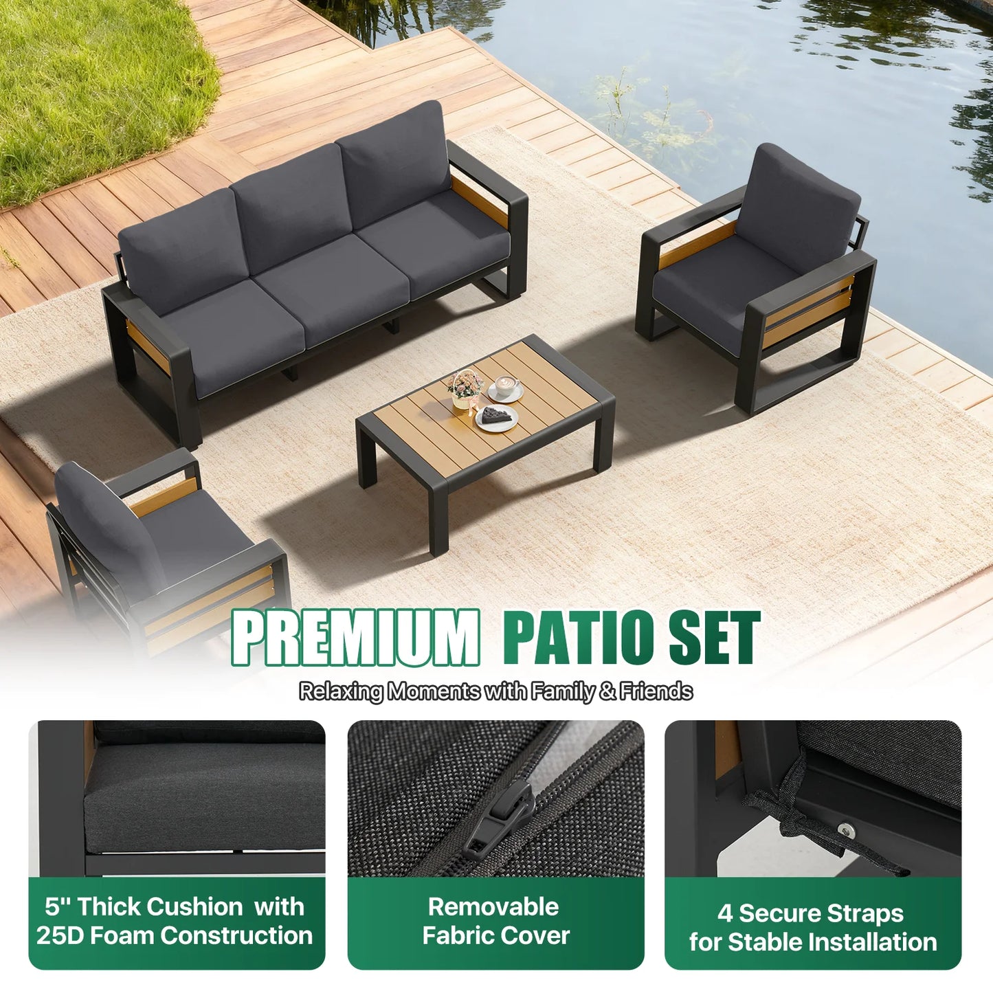 5-Seats Aluminum Patio Furniture Set, Outdoor Metal Sofa Conversation Set with Coffee Table for Pool Garden Porch Backyard, Dark Gray
