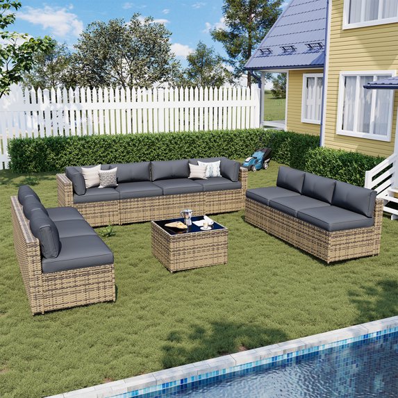 Sunmthink Patio Furniture Sets, 11-Piece Outdoor Patio Furniture with Thick Cushions, Wicker Outdoor Conversation Set and Waterproof Cover for Backyard, Poolside, Garden