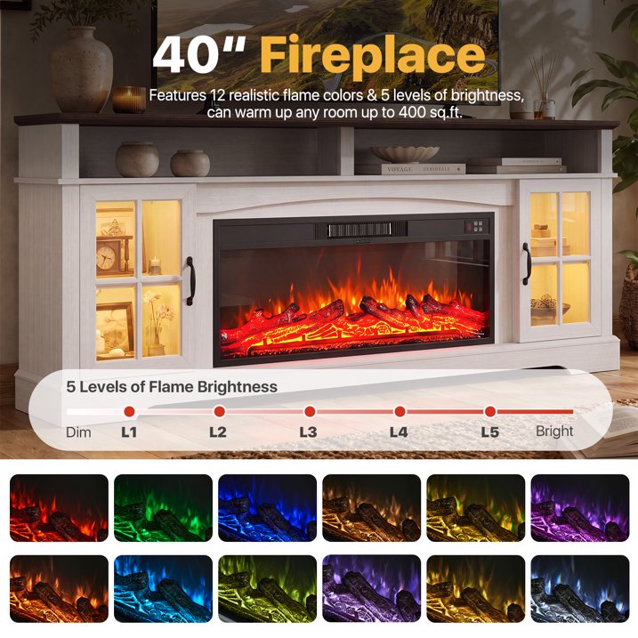 Sonegra Fireplace TV Stand with Glass Door for TVs up to 90", 80" Entertainment Center with Fireplace, Media Console for Living Room, White