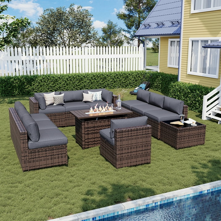 Sunmthink Patio Furniture Sets, 12-Piece Outdoor Patio Furniture with 44'' Propane Gas Firepit Table, Wicker Outdoor Conversation Set and Waterproof Cover for Backyard, Poolside, Garden