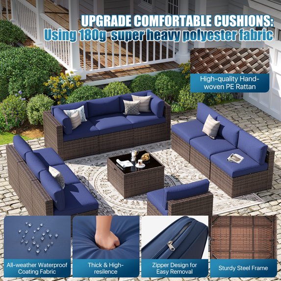 Sunmthink Patio Furniture Sets, 11-Piece Outdoor Patio Furniture with Thick Cushions, Wicker Outdoor Conversation Set and Waterproof Cover for Backyard, Poolside, Garden