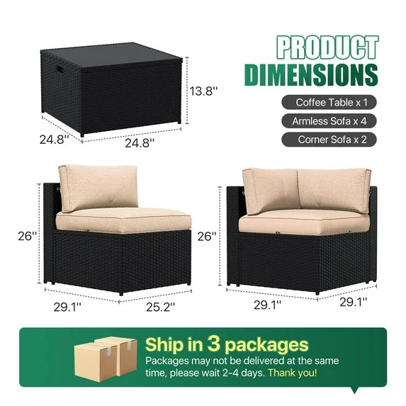 Clouddwell 7-Piece Patio Furniture Set on Sale, Black Rattan Wicker Outdoor Sectional Sofa Couch with Table Patio Conversation Set for Lawn& Backyard,Beige