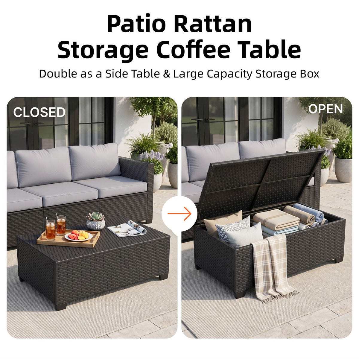 Dateyes 7 Seats Patio Furniture Set, Rattan Wicker Outdoor Conversation Sectional Sofa Set with Storage Coffee Table and Waterproof Cover,Gray