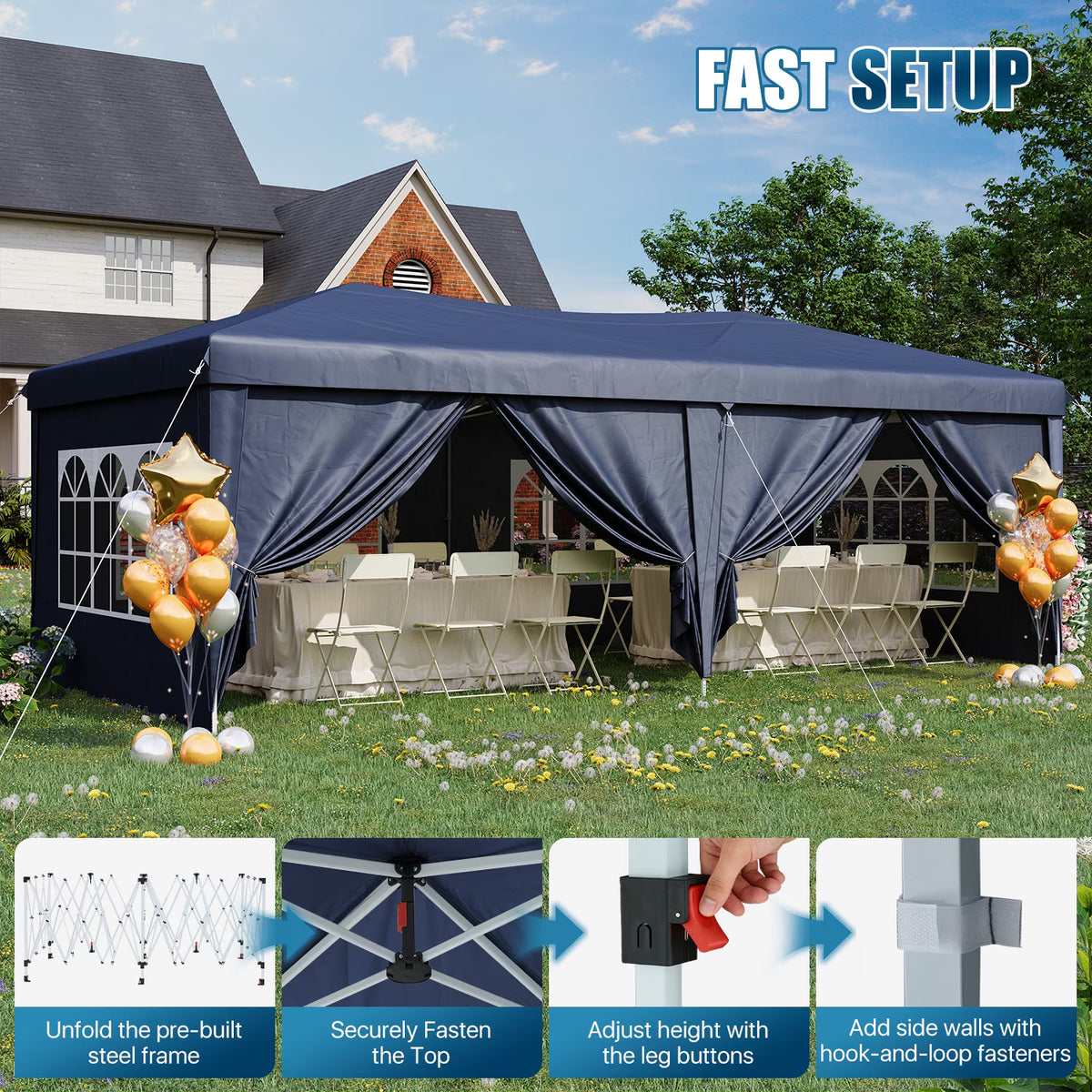 Dateyes 10x20 Pop Up Canopy Tent, Waterproof Party Tent with 6 Removable Sidewalls, 3-Level Height Adjustable Event Tent, Instant Shelter for Wedding, Party, Commercial & Market Events,Blue