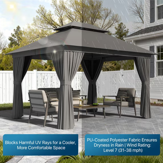 Dateyes 10x12 FT Outdoor Gazebo, Double Roof Patio Shelter with Netting Screens and Privacy Curtains, Heavy-Duty Weatherproof Canopy for Backyard, Deck, and Lawn, Gray