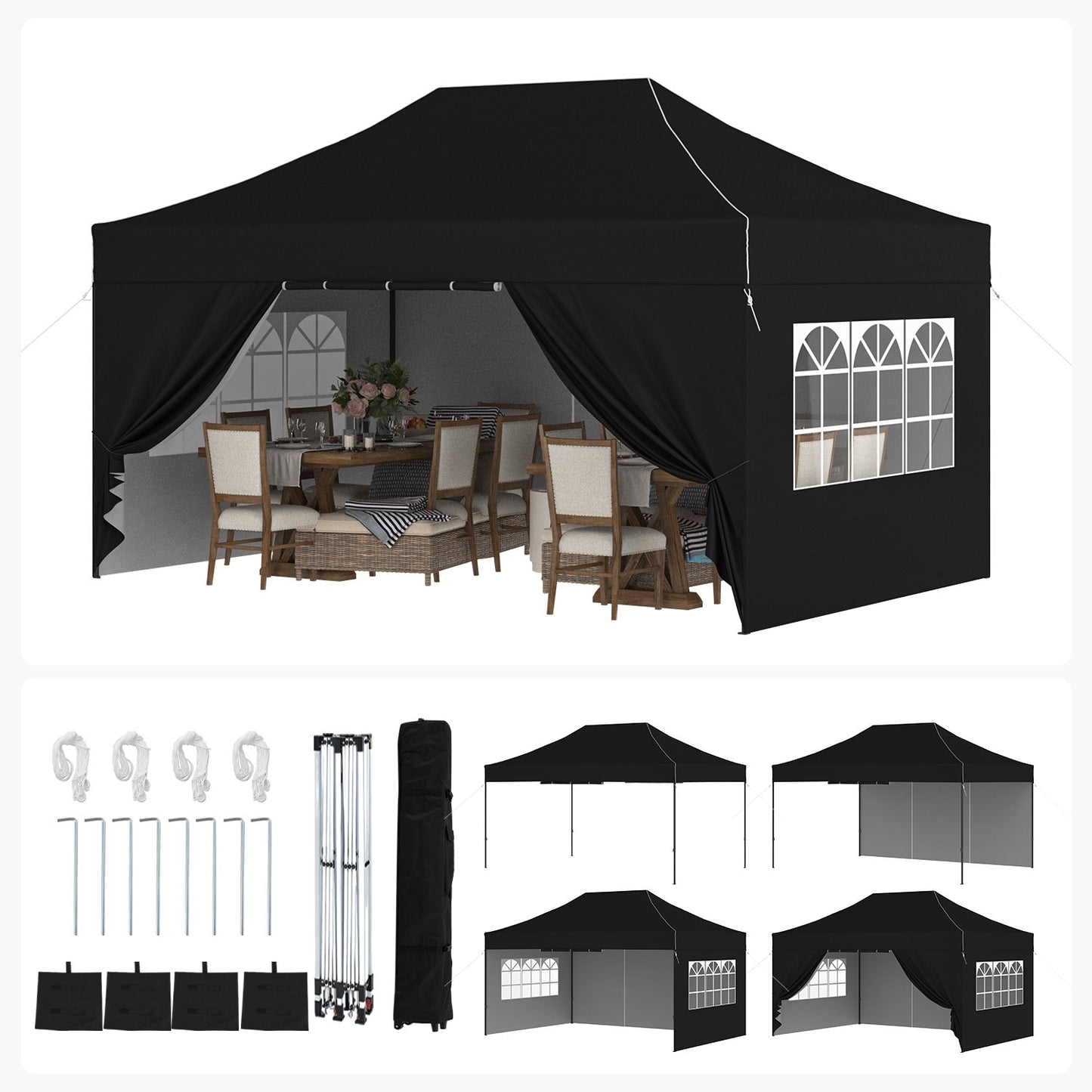 Clouddwell 10'x15' Pop Up Canopy Tent with Removable Sidewalls, Adjustable Height Instant Outdoor Canopy, Portable Sun Shade Shelter with 4 Sandbags, Easy Setup for Events, Parties, Black