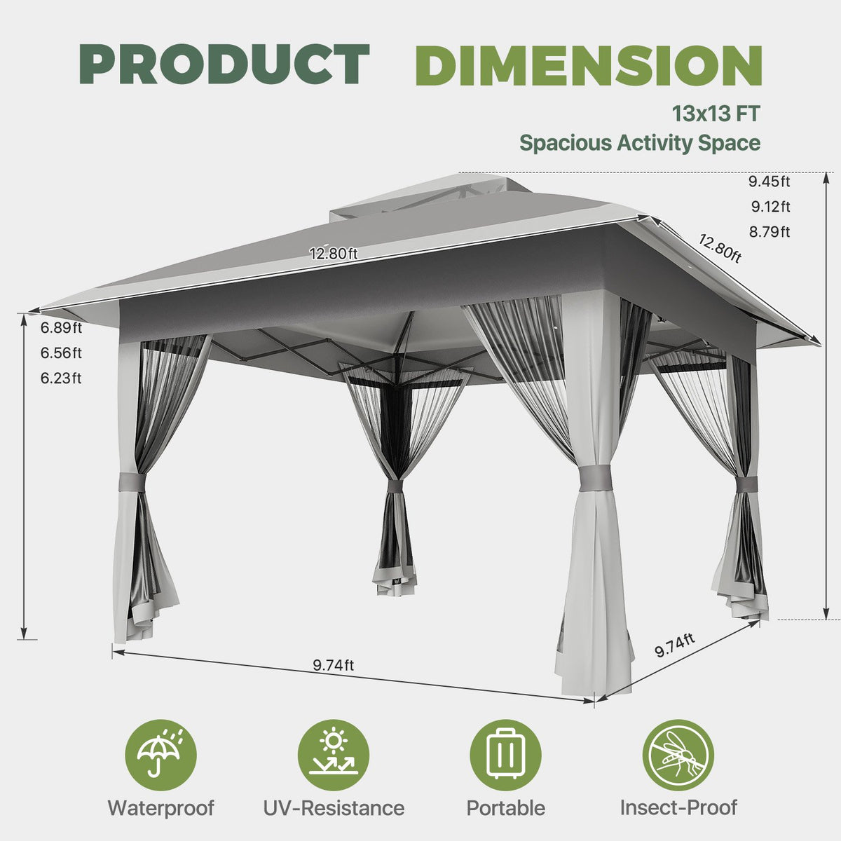 Dateyes 13x13 FT Pop Up Gazebo, Outdoor Gazebo Canopy with Mosquito Netting, 3 Adjustable Heights, Portable Patio Gazebo Tent for Backyard, Patio, Gray