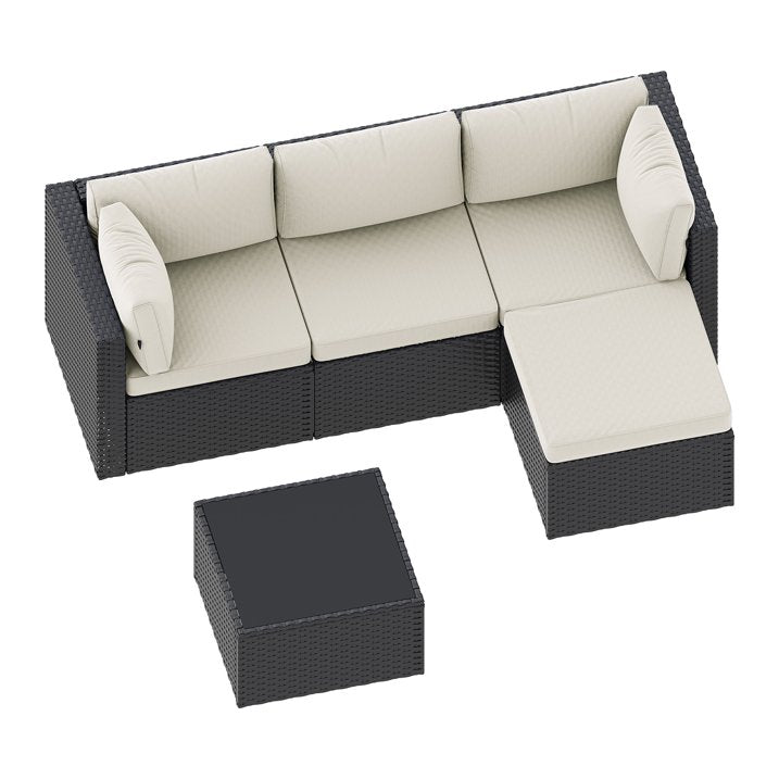 Dateyes 5 Pieces Patio Furniture Set, All-Weather Wicker Rattan Patio Sectional Sofa Set with Coffee Table and Waterproof Cover(Off-White)